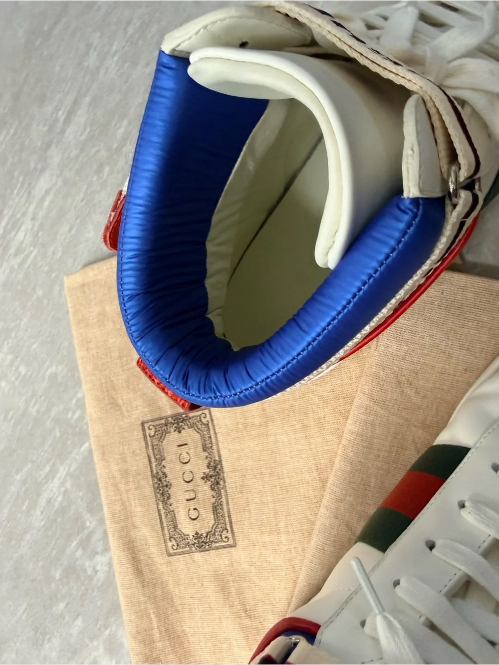 Gucci White High-Top Leather Sneakers with Green and Red Web Stripe